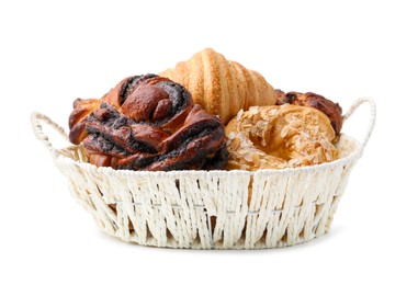 Photo of Different delicious pastries in basket isolated on white