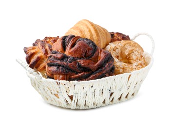 Photo of Different delicious pastries in basket isolated on white