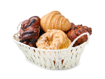 Photo of Different delicious pastries in basket isolated on white