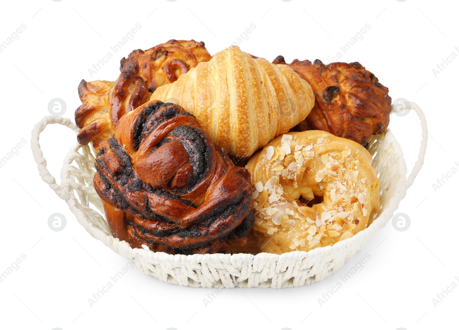 Photo of Different delicious pastries in basket isolated on white