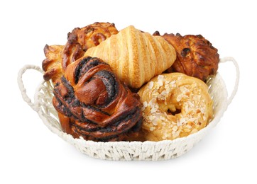 Photo of Different delicious pastries in basket isolated on white