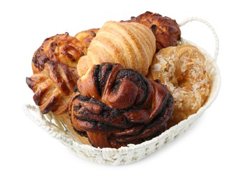 Photo of Different delicious pastries in basket isolated on white