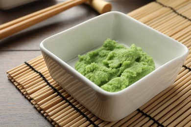 Photo of Hot wasabi paste and chopsticks on wooden table, closeup