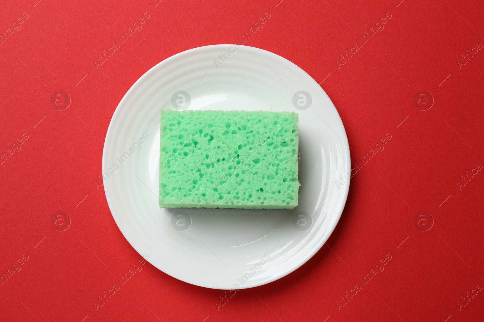 Photo of Plate with sponge on red background, top view