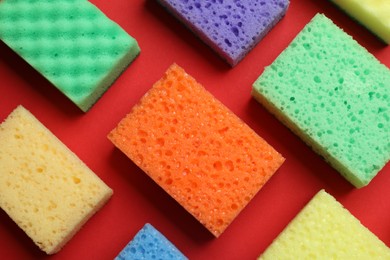 Photo of Colorful sponges on red background, flat lay. Cleaning tool