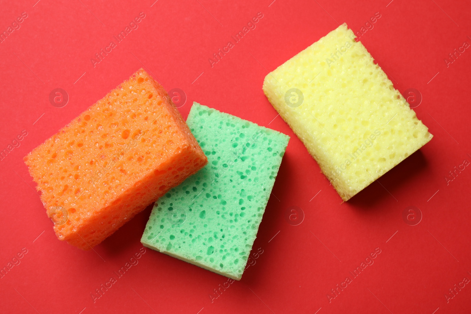 Photo of Soft sponges on red background, flat lay. Cleaning tool