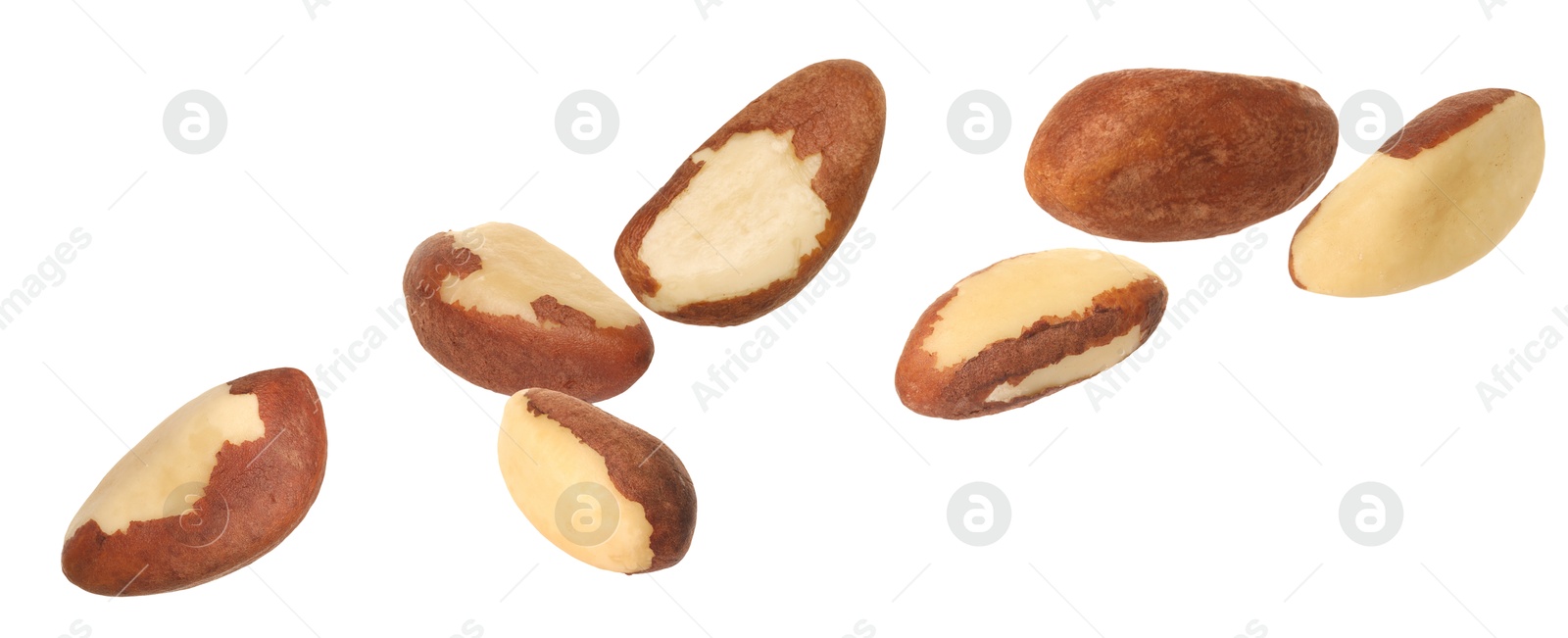 Image of Many Brazil nuts in air on white background