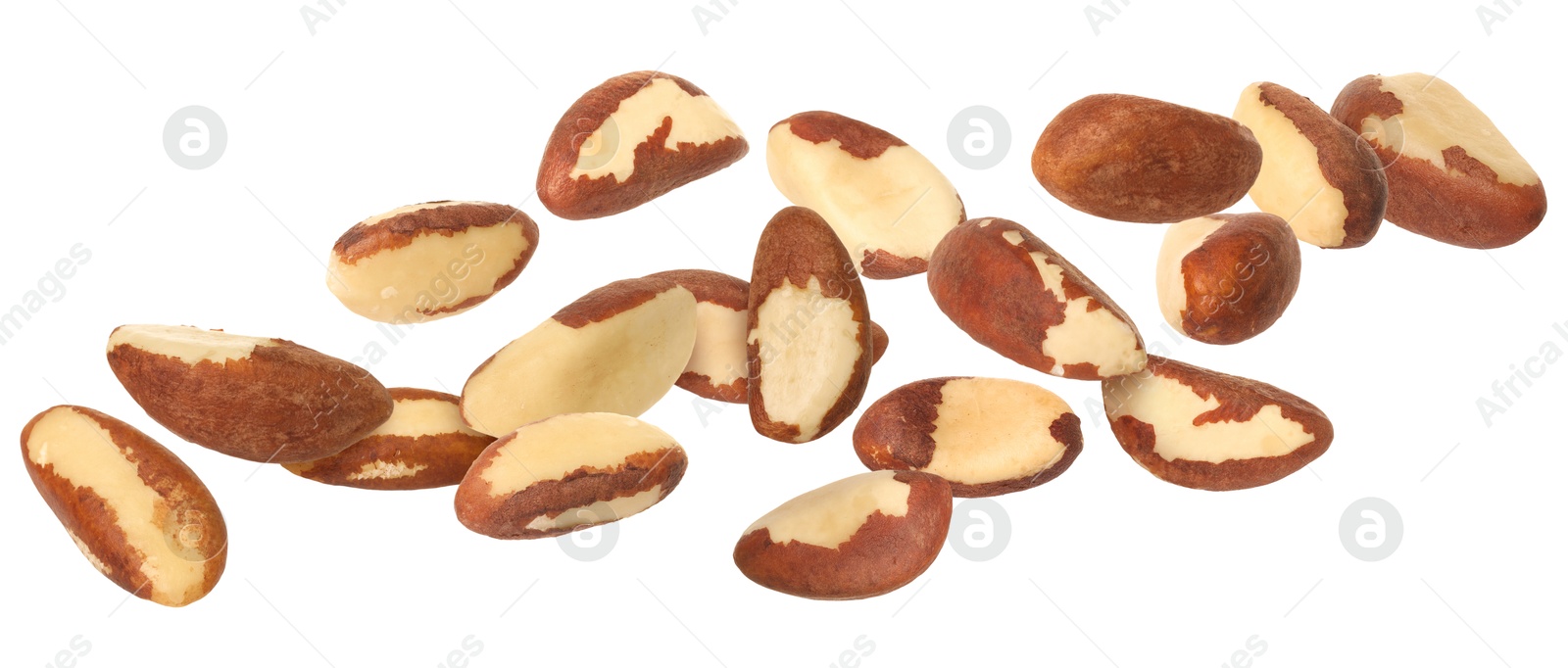 Image of Many Brazil nuts in air on white background