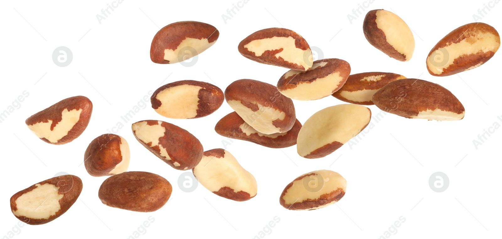 Image of Many Brazil nuts in air on white background