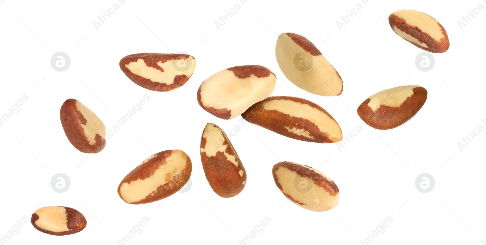 Image of Many Brazil nuts in air on white background