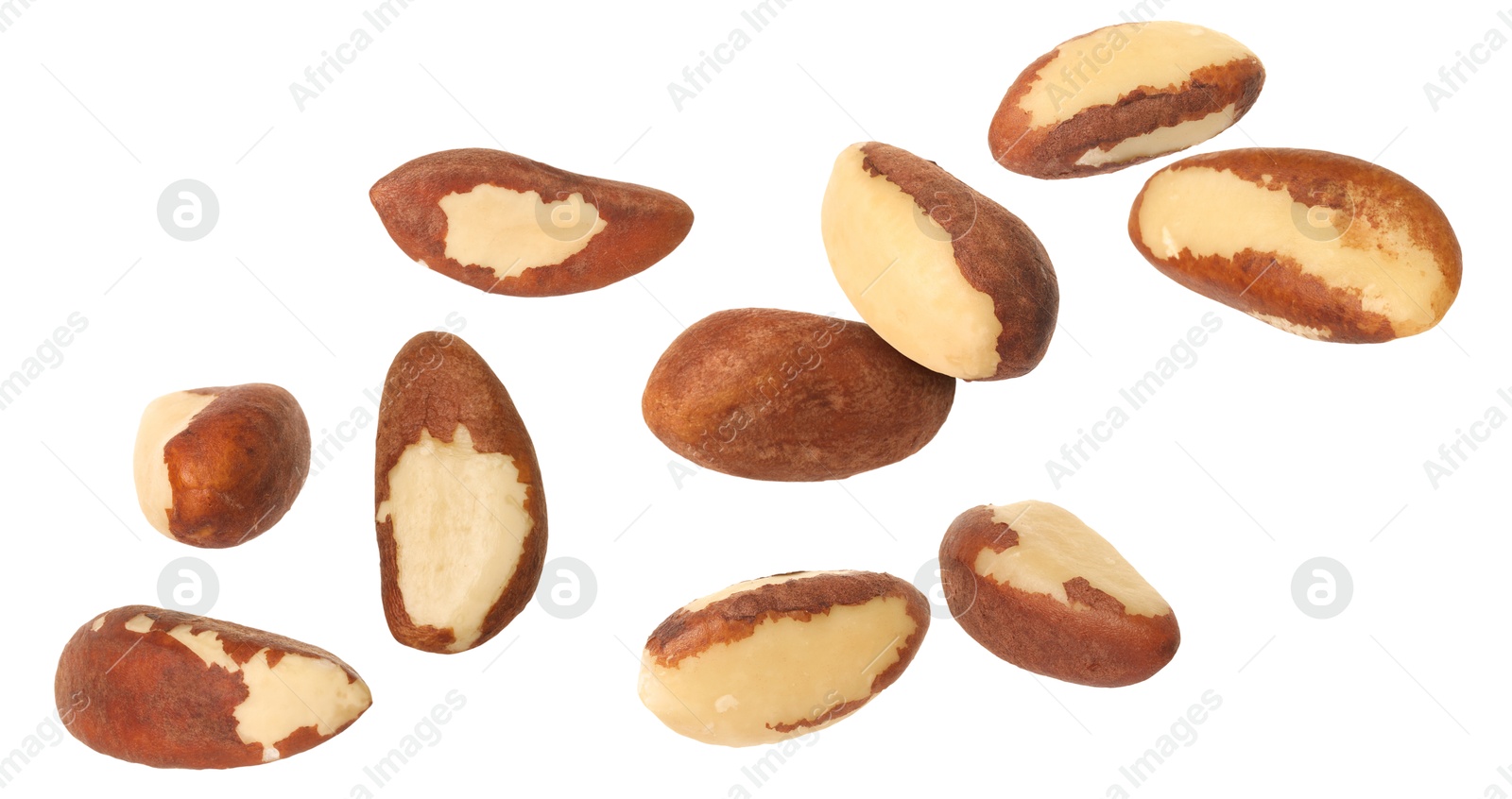 Image of Many Brazil nuts in air on white background