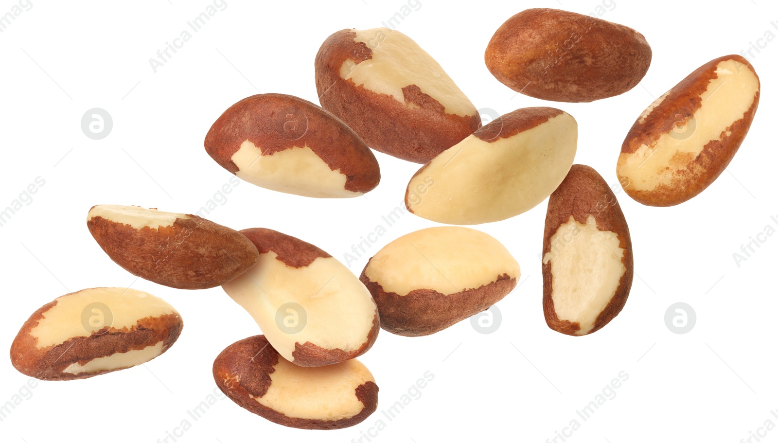 Image of Many Brazil nuts in air on white background