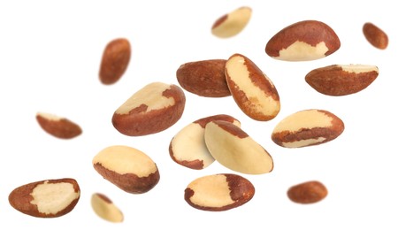 Image of Many Brazil nuts in air on white background