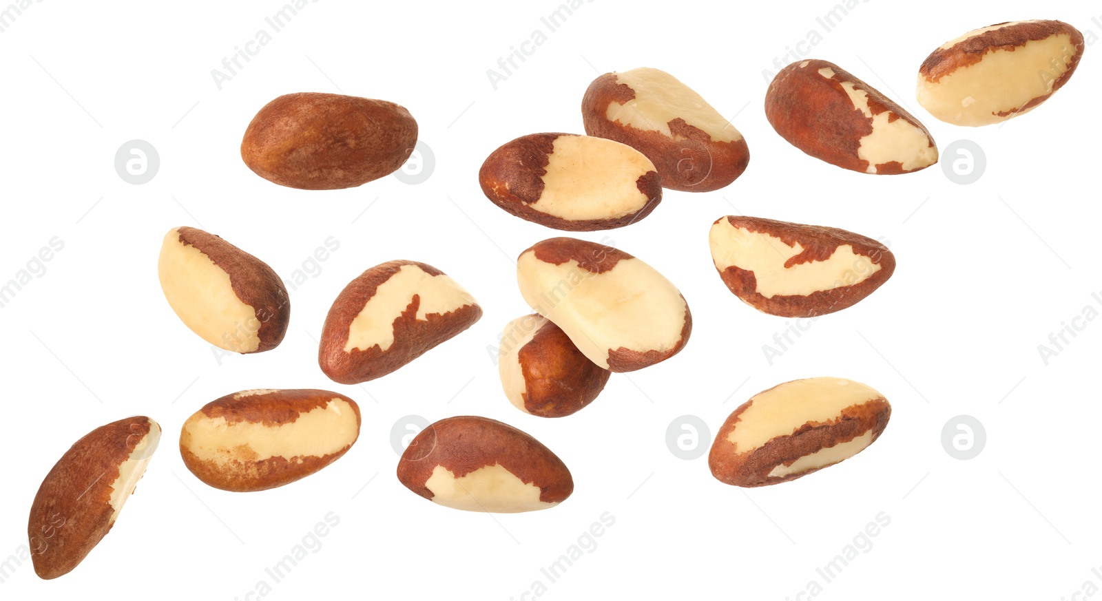 Image of Many Brazil nuts in air on white background