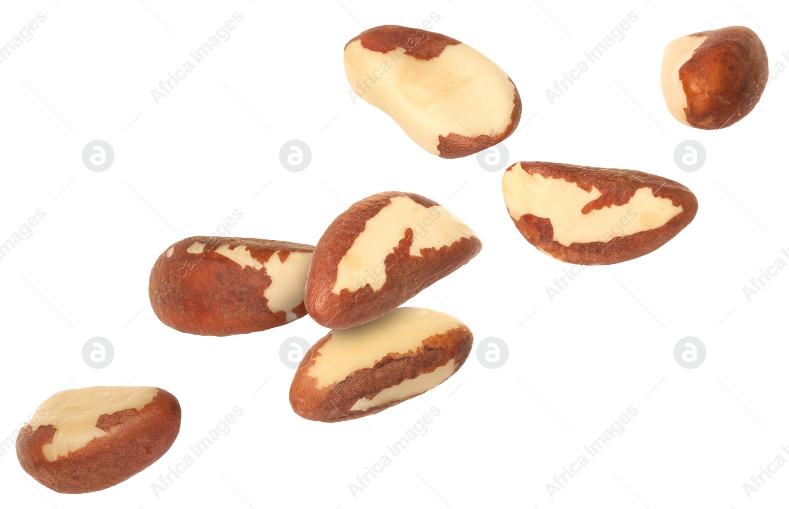 Image of Many Brazil nuts in air on white background