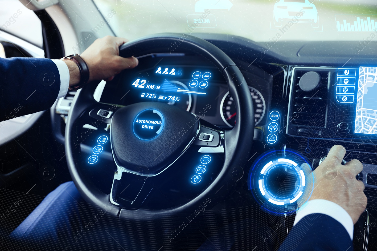 Image of Man driving his car, closeup. Autopilot system and other digital elements in modern vehicle. Futuristic concept