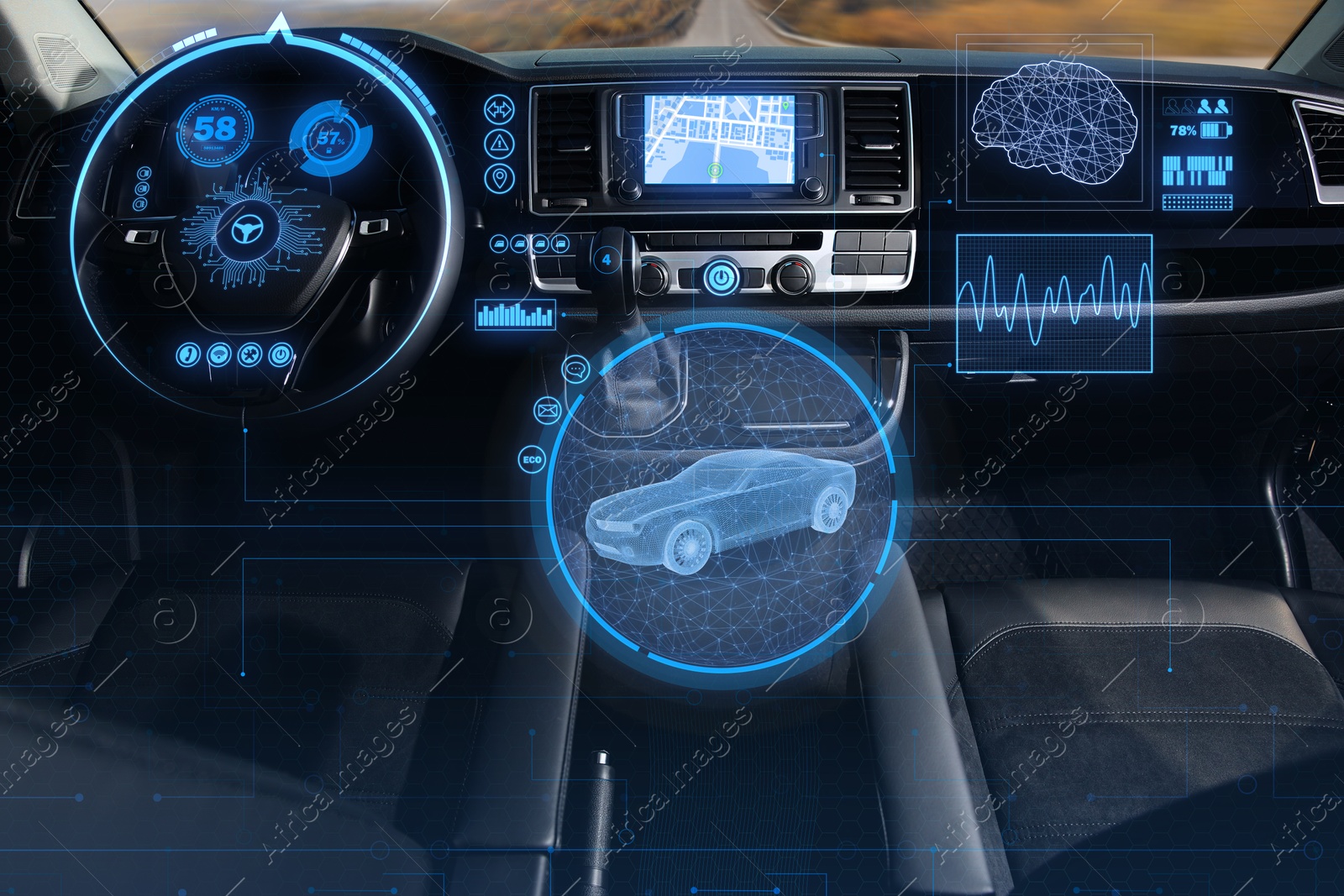 Image of Autopilot system and other digital elements in modern car. Futuristic concept