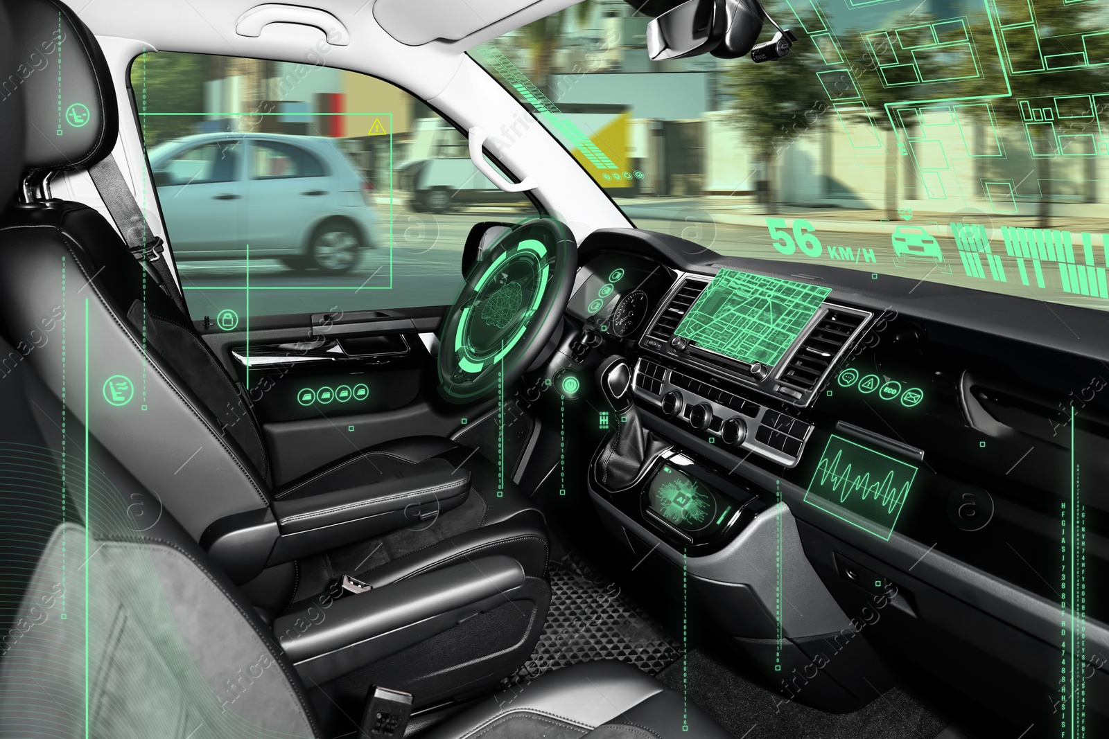 Image of Autopilot system and other digital elements in modern car. Futuristic concept