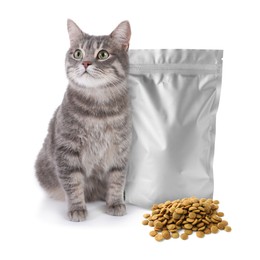 Image of Cute cat sitting near foil package and heap of dry pet food on white background