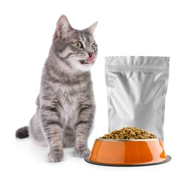 Image of Cute cat sitting near foil package and bowl of dry pet food on white background