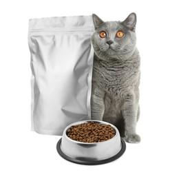 Image of Cute cat sitting near foil package and bowl of dry pet food on white background