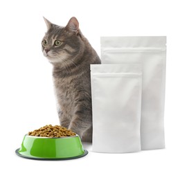 Image of Cute cat sitting near packages and bowl of dry pet food on white background