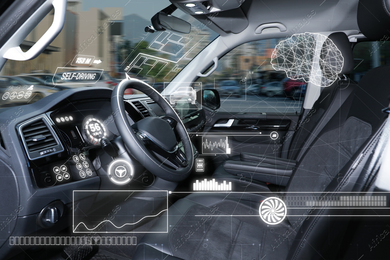 Image of Autopilot system and other digital elements in modern car. Futuristic concept