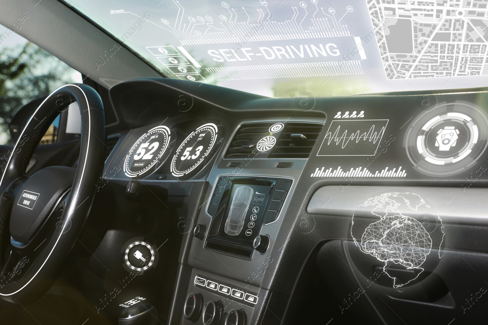 Image of Autopilot system and other digital elements in modern car. Futuristic concept