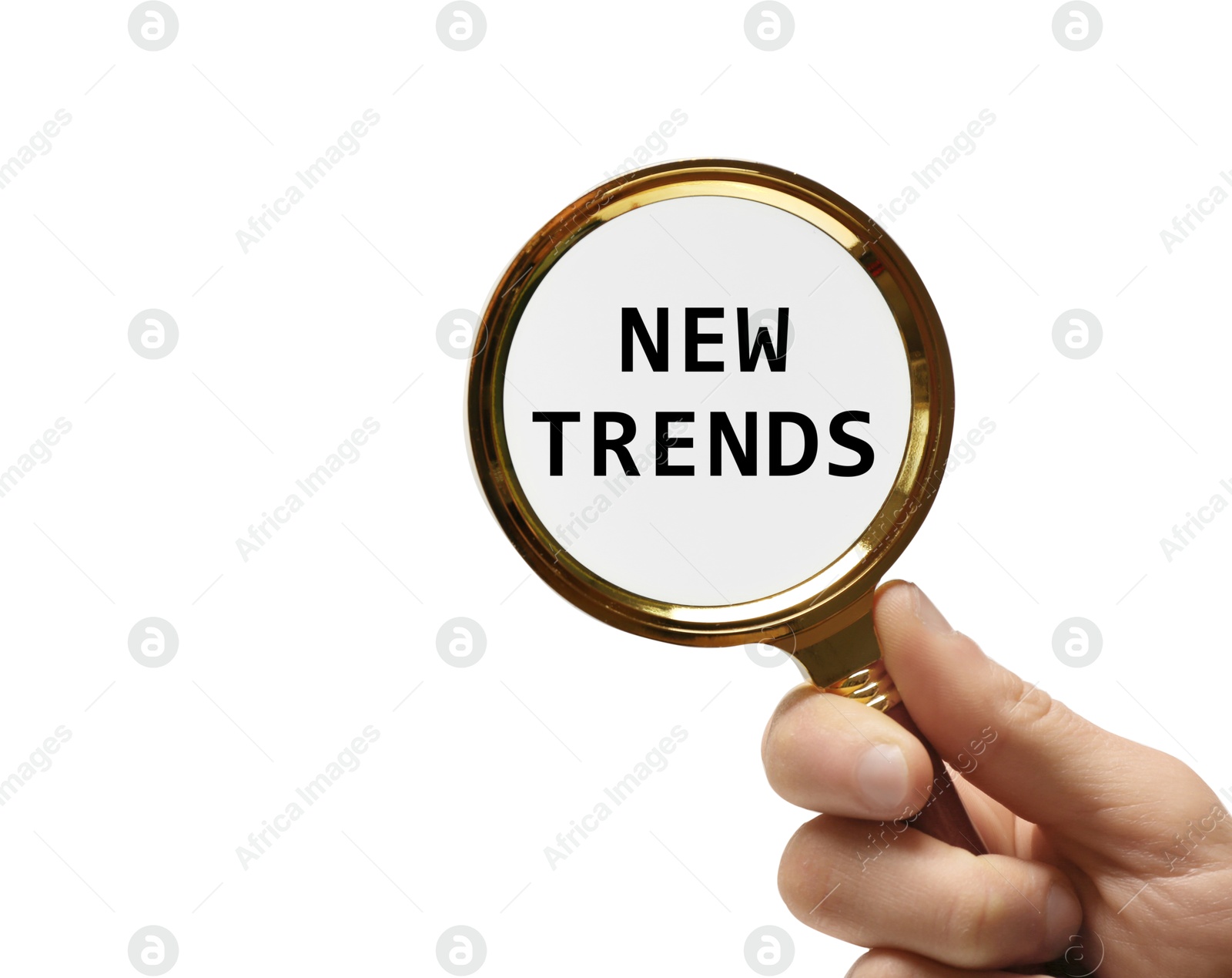 Image of Woman looking at words New Trends through magnifying glass on white background, closeup. Concept of searching for fresh and popular ideas