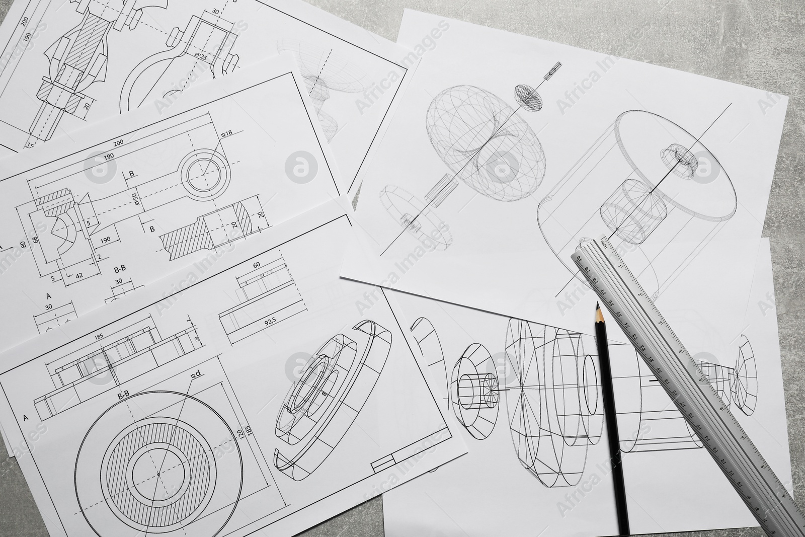 Photo of Different engineering drawings, ruler and pencil, flat lay