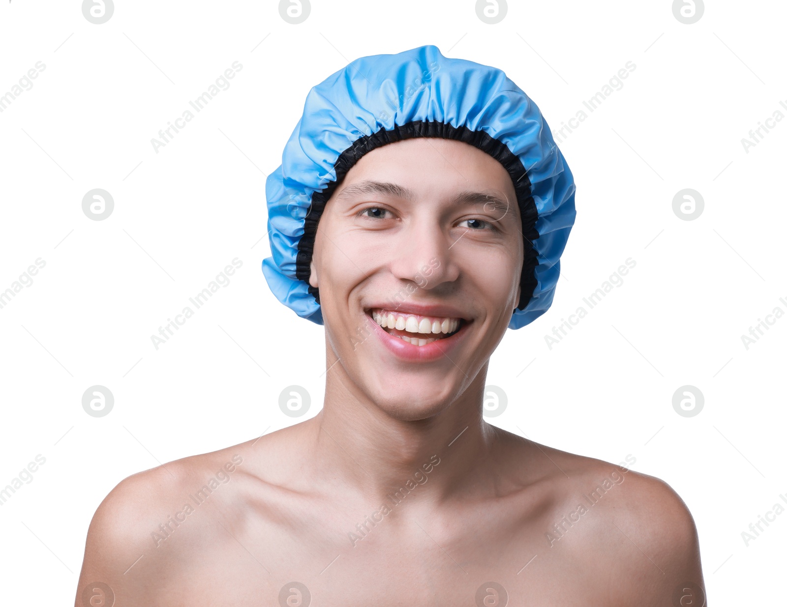 Photo of Happy man in blue shower cap on white background