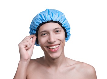 Photo of Happy man in blue shower cap on white background