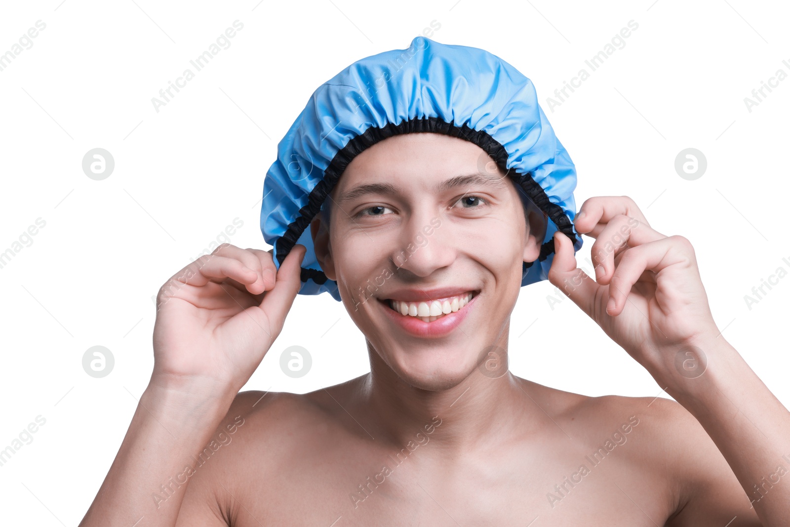 Photo of Happy man in blue shower cap on white background