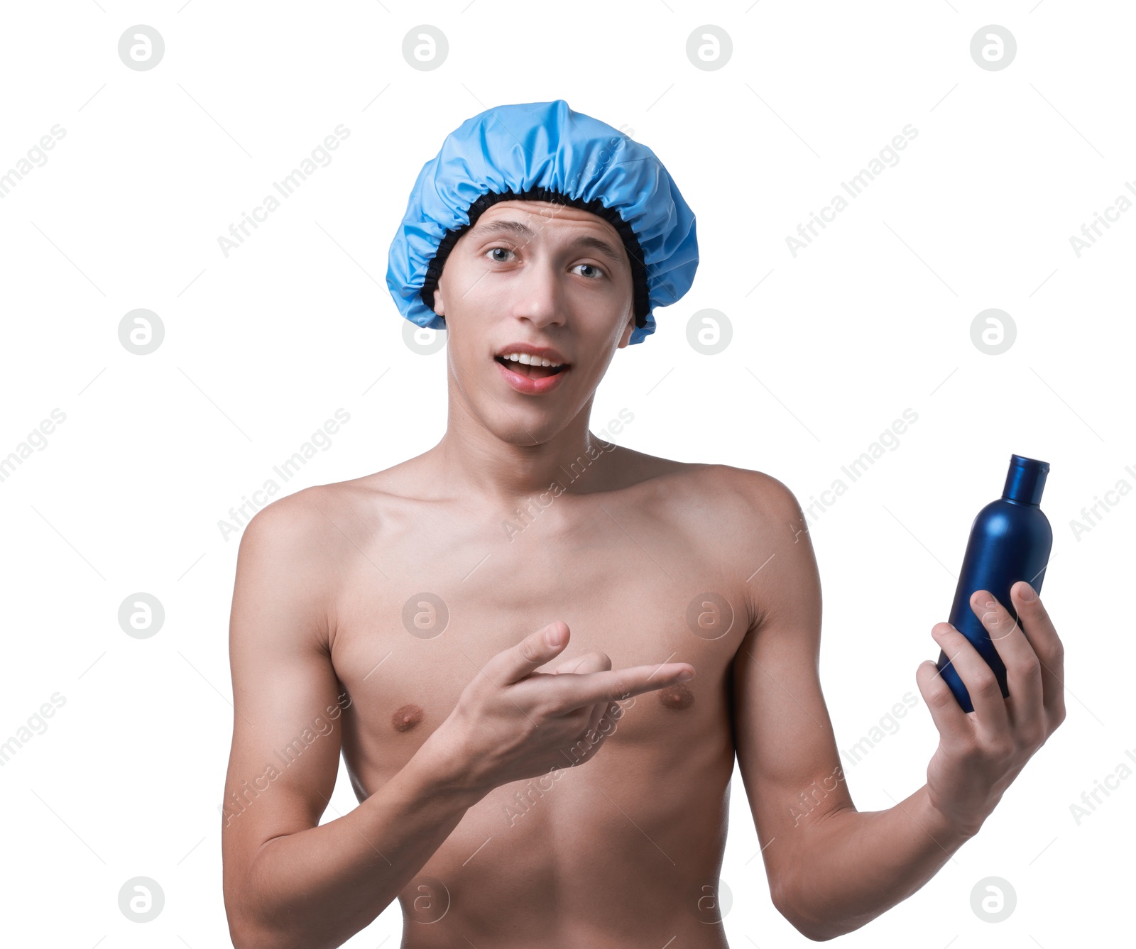 Photo of Man with blue shower cap and shampoo on white background