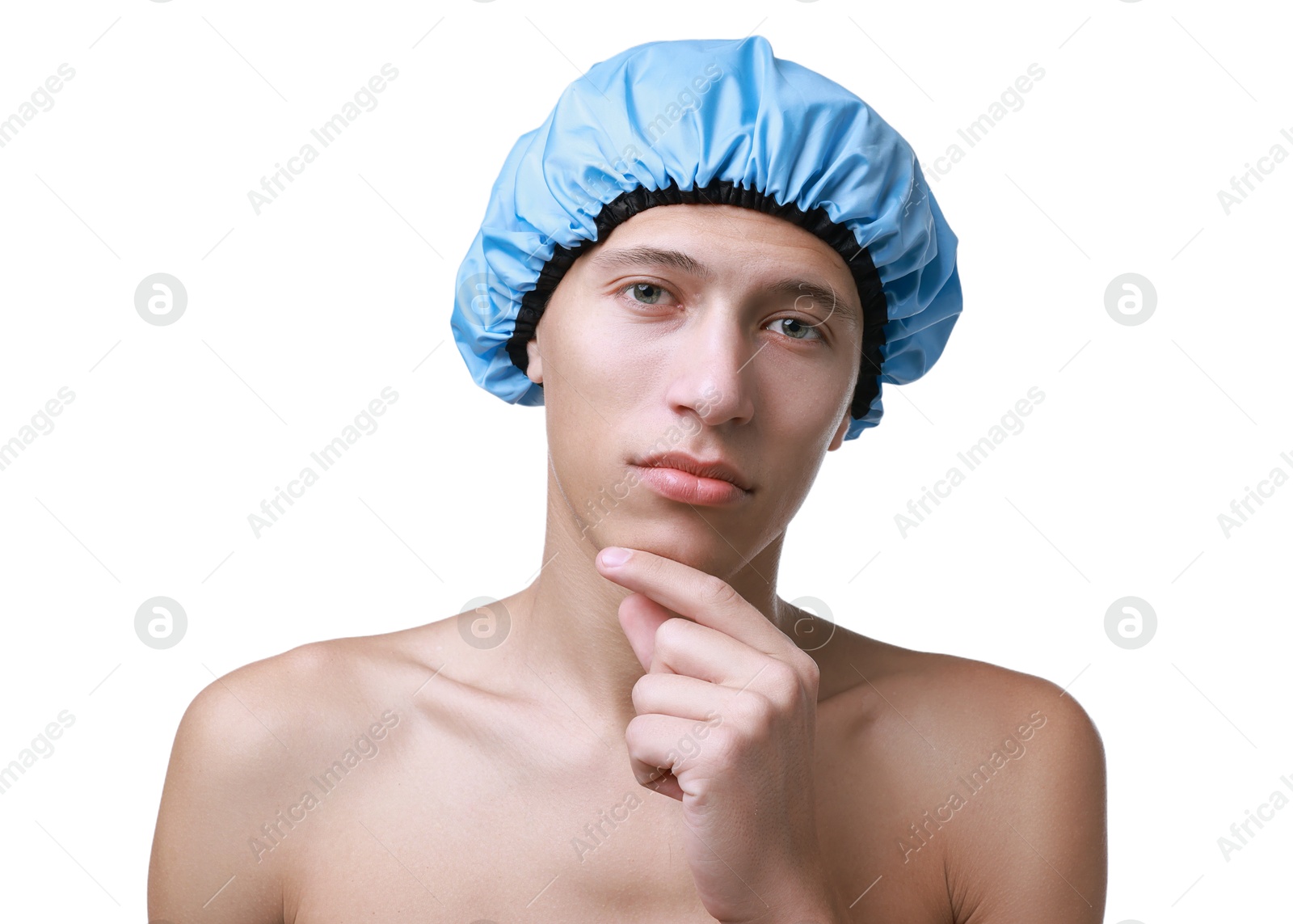 Photo of Man in blue shower cap on white background