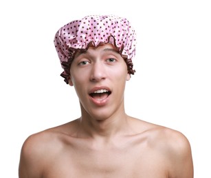 Photo of Man in pink shower cap on white background