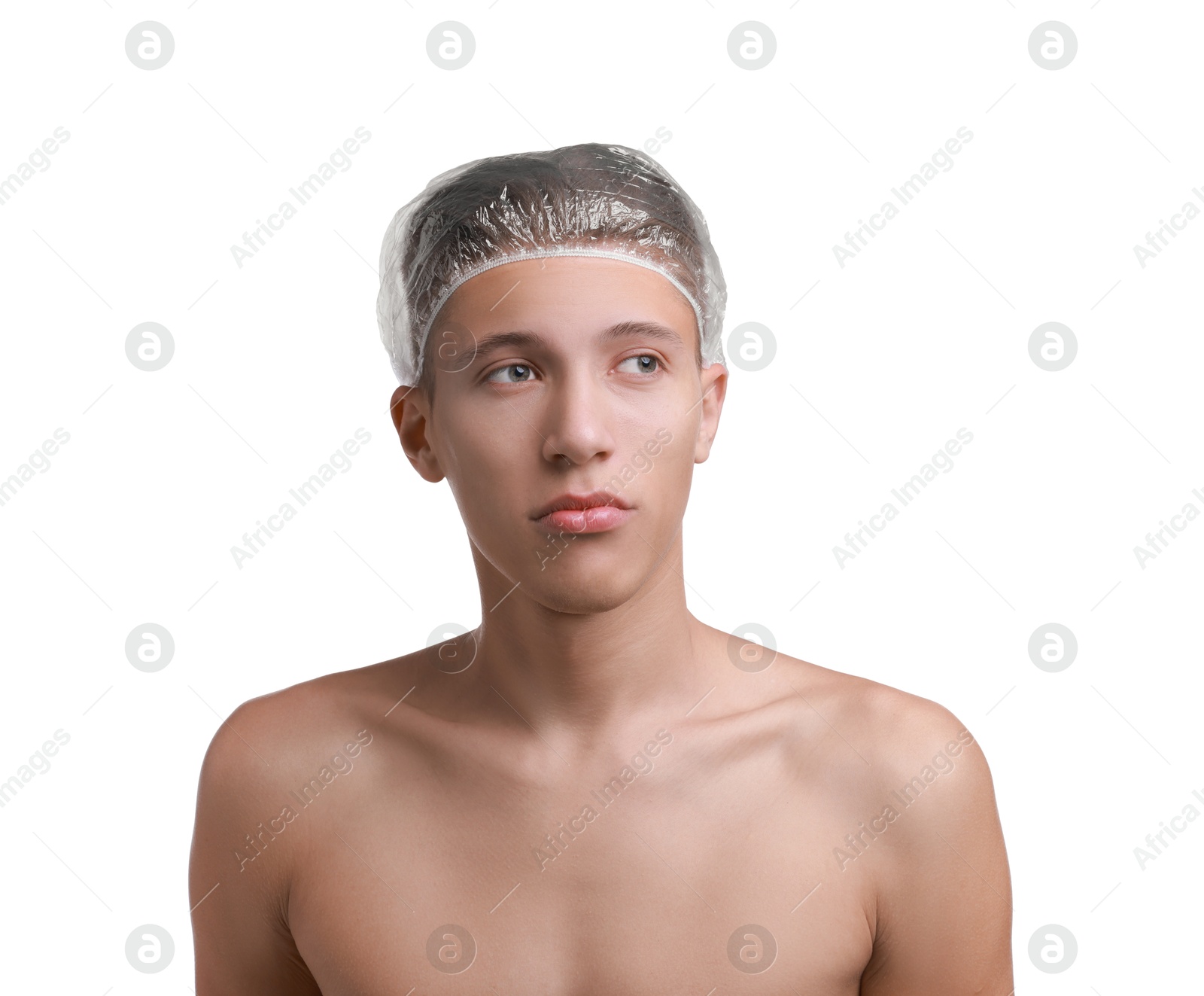 Photo of Man in shower cap on white background