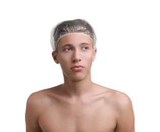 Photo of Man in shower cap on white background