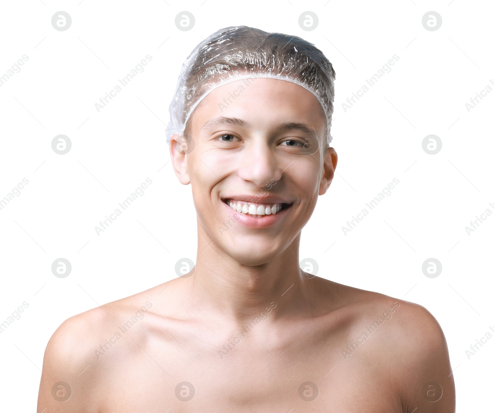 Photo of Man in shower cap on white background