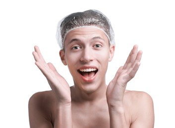 Man in shower cap on white background