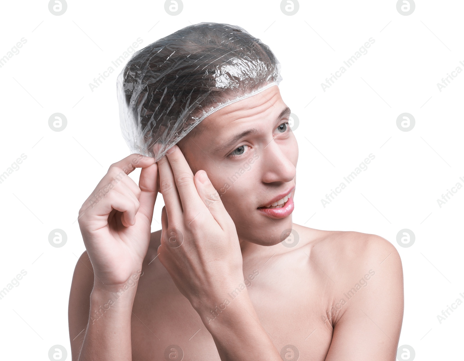 Photo of Man wearing shower cap on white background