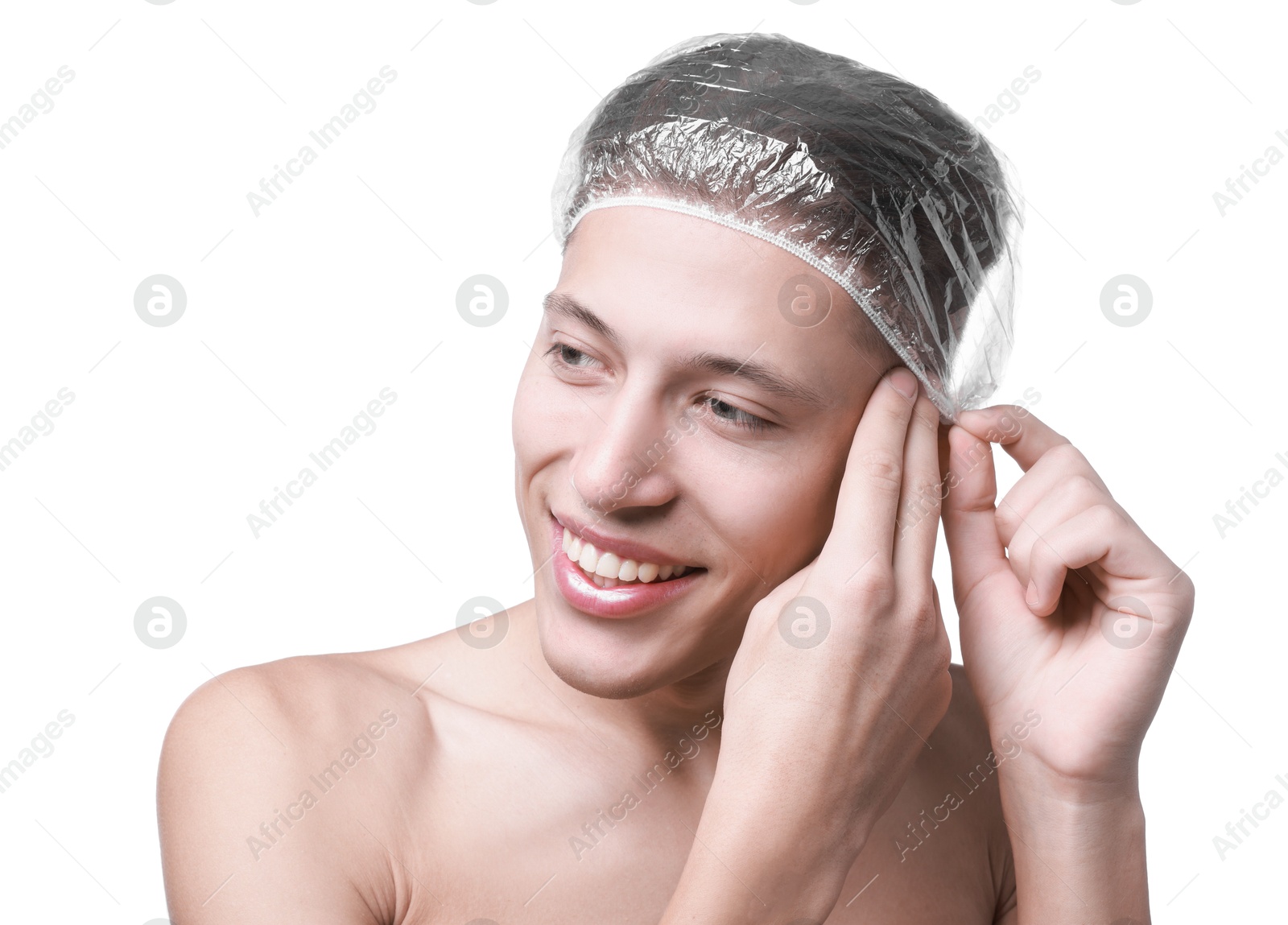 Photo of Man wearing shower cap on white background