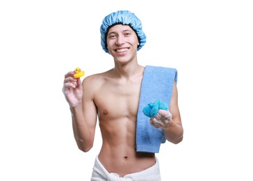 Photo of Happy man with shower cap, towel, bath duck and mesh sponge on white background