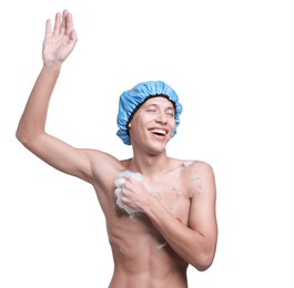 Photo of Man in shower cap covered with soap foam on white background