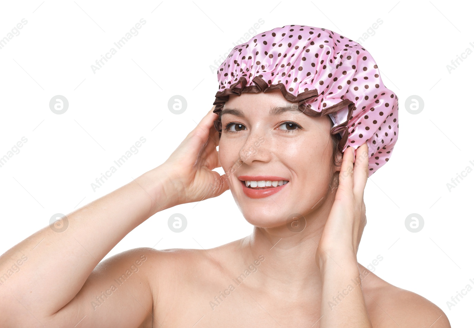 Photo of Woman wearing pink shower cap on white background