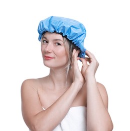 Photo of Woman wearing blue shower cap on white background