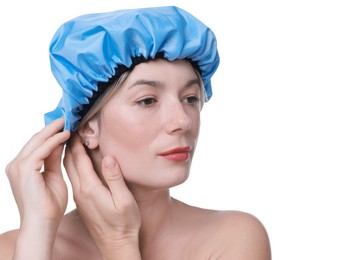 Photo of Woman wearing blue shower cap on white background