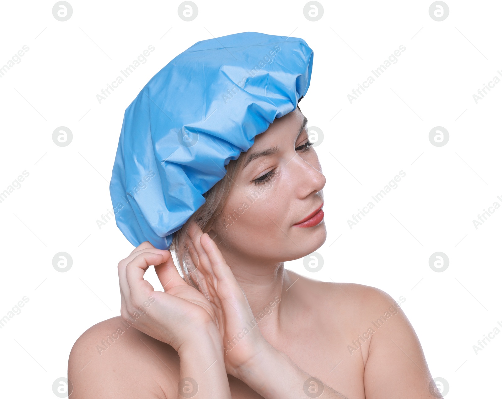 Photo of Woman wearing blue shower cap on white background