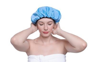 Photo of Woman wearing blue shower cap on white background