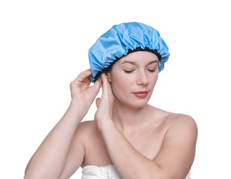 Photo of Woman wearing blue shower cap on white background